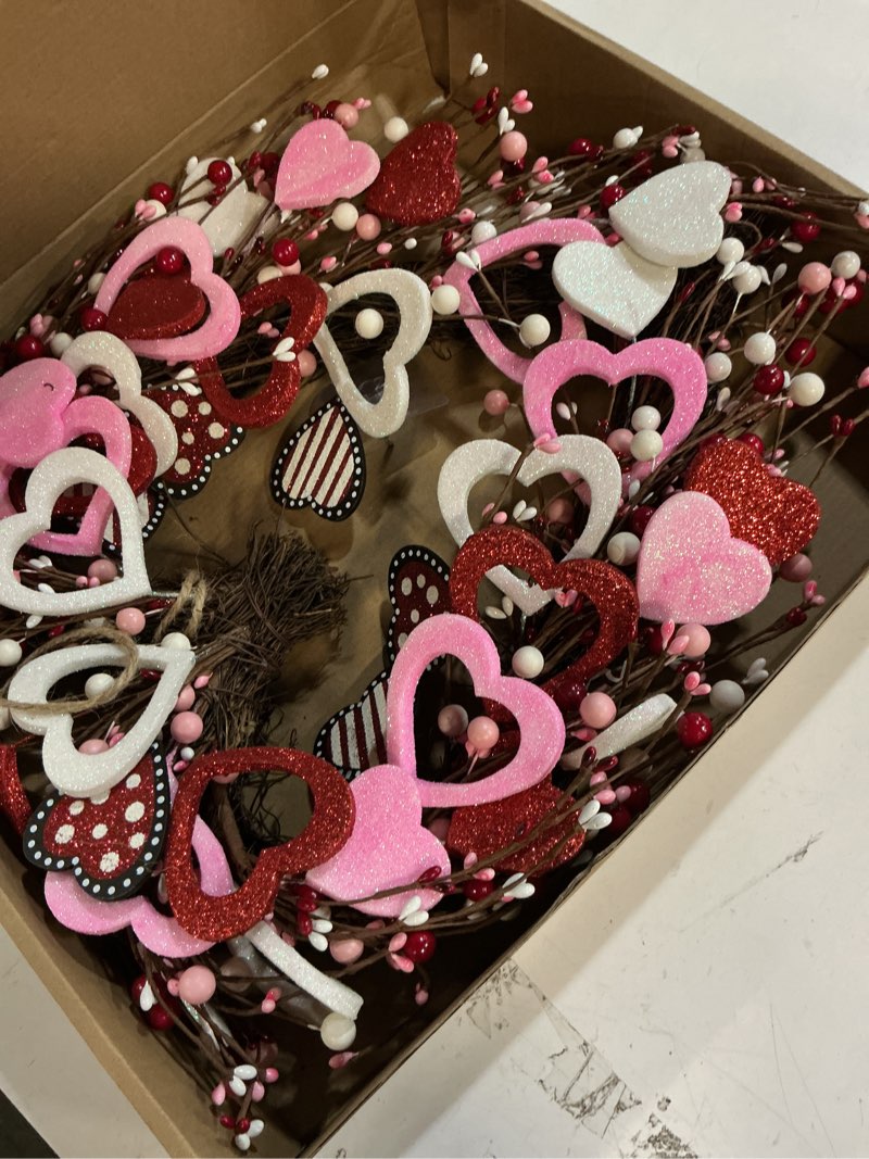 Condition photo showing Good Condition for valentine’s day heart shaped wreath for front door, 20 inch pink red glitter heart wreath with berries for indoor outdoor, valentine wreaths for wedding doors, windows, walls
