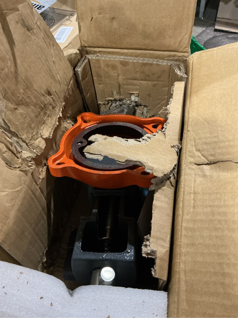 Condition photo showing As Is for vevor bench vise, 6-inch jaw width 5.9-inch jaw opening, 360-degree swivel locking base multipurpose vise w/anvil, heavy duty ductile iron workbench vise w/bolts & nuts, for drilling, pipe cutting | 360-degree swivel locking base, heavy duty ductile iron, w/ anvil & bolts & nuts, multipurpose workbench vise