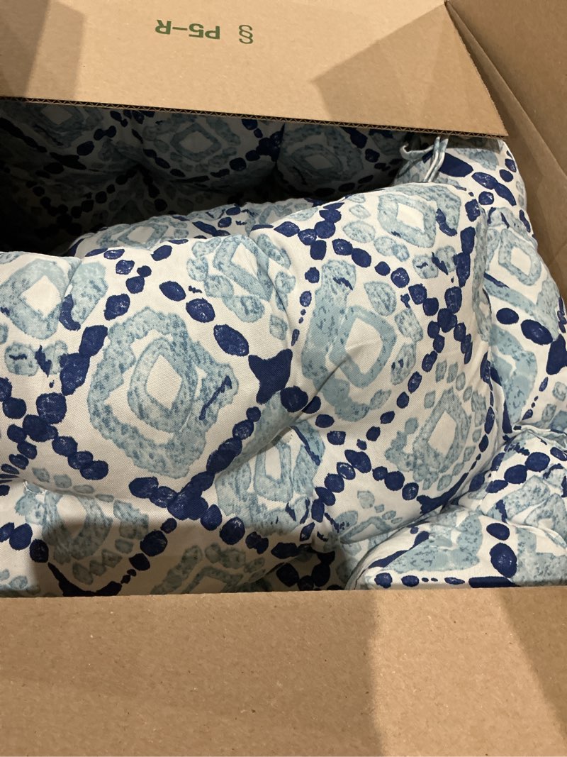 Condition photo showing Good Condition for lvtxiii outdoor tufted high back cushions set of 2 patio seasonal replacement rocking chair cushion with ties, solid seat and back chair cushion, (44” l x 22w”, boho geometry blue) 44x22x4 boho geometry blue
