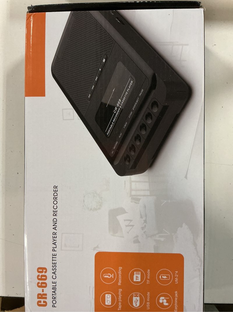Condition photo showing New/Like New for cassette player recorder & converter,recording to usb/tape from mic, convert tapes to wav digital via usb drive, portable tape player with collar mic, retractable handle, 3.5mm earphone jack, rem port black