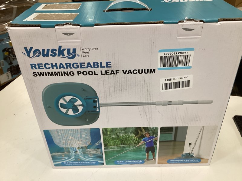 Condition photo showing As Is for rechargeable pool leaf vacuum with telescopic pole, 83gpm powerful suction– cordless pool skimmer for inground & above ground pools with 6.6gal leaf catcher bag for heavy debris areas (gray)