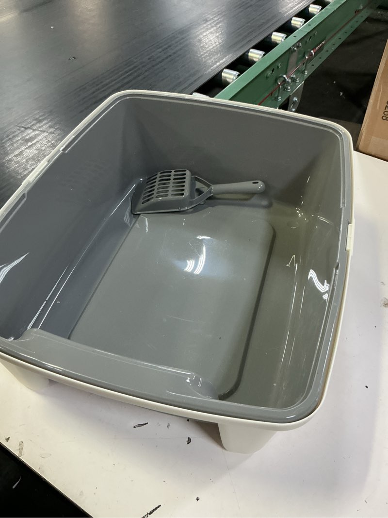 Condition photo showing As Is for amazon basics large cat litter box with high sides, open top, includes scoop, 19 x 15 x 11.75 inches, grey/beige