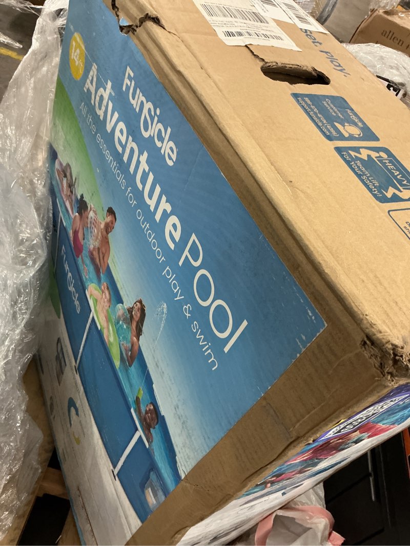Condition photo showing New/Like New for funsicle 14ft adventure above ground metal frame swimming pool, includes filtraboost™ 800s pump with autoskimmer, round, age 6 & up