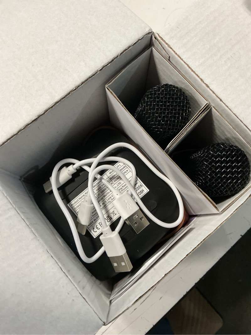 Condition photo showing Good Condition for mini karaoke machine,portable bluetooth speaker with 2 wireless microphones | 360° surround sound,5 voice effects,bluetooth 5.0,led lights, tf/usb/aux, for kids and adults, family home party and gifts black