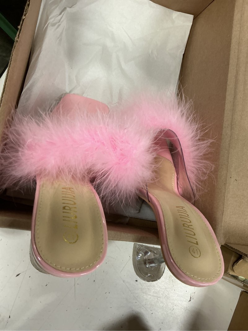 Condition photo showing As Is for liuruijia women's feather high heeled mules slip on sandals square toe bridal wedding party shoes fuzzy fluffy sexy clear heels 8.5 pink