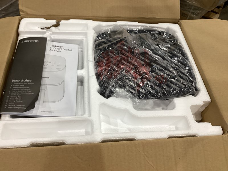 Condition photo showing Good Condition for chefman turbox 4-in-1 air fryer, 5-quart airfryer for extra crispy chicken, fries, wings, and more, air fry, bake, reheat, and frozen functions, digital touch controls, dishwasher safe 5 quart