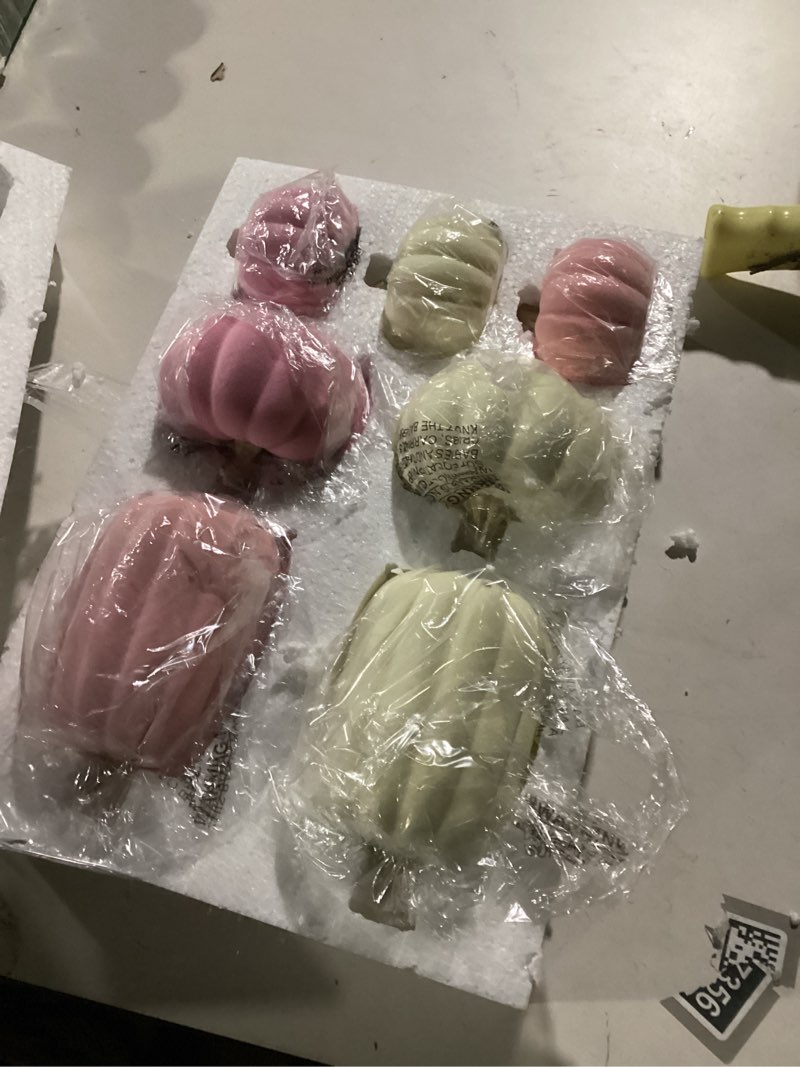 Condition photo showing New/Like New for WDS WONDROUS Pumpkins Fall Decoration Thanksgiving Set 7 PCS, Resin Pink and Beige Flocked Pumpkins for Decorating, Artificial Pumpkins Set Gender Reveal Party Fall Decor Tabletop Centerpiece Mantel
