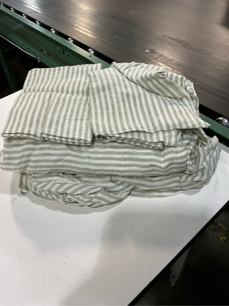 Condition photo showing As Is for european linen sheet set, queen, willowleaf/white stripe