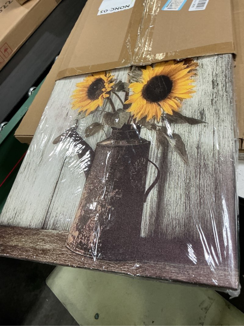 Condition photo showing Good Condition for farmhouse sunflower canvas wall art framed print rustic still life with vintage watering can on whitewashed wood wall decor artwork for kitchen country decor 16x24 inches sunflower 24"l x 16"w