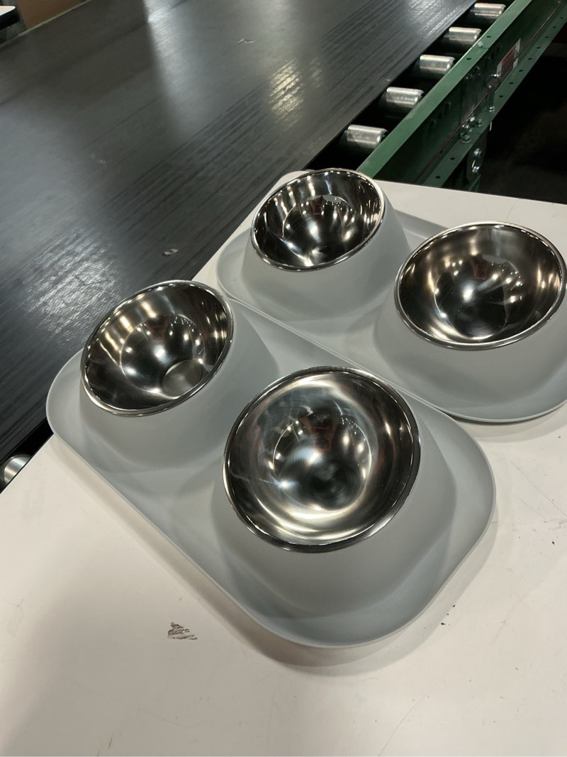 Condition photo showing As Is for ptlom elevated stainless steel pet food bowl with stands, raised dog cat feeding bowls set suitable for cats and small dogs, gray