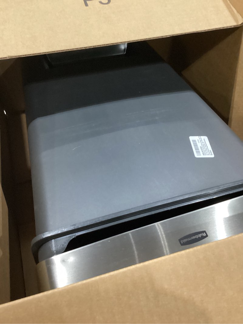 Condition photo showing Good Condition for rubbermaid premier series iii step-on trash can for home and kitchen, with stainless steel rim, 12.4 gallon, charcoal, for home/kitchen/garage/apartment/office metal rim, resin lid