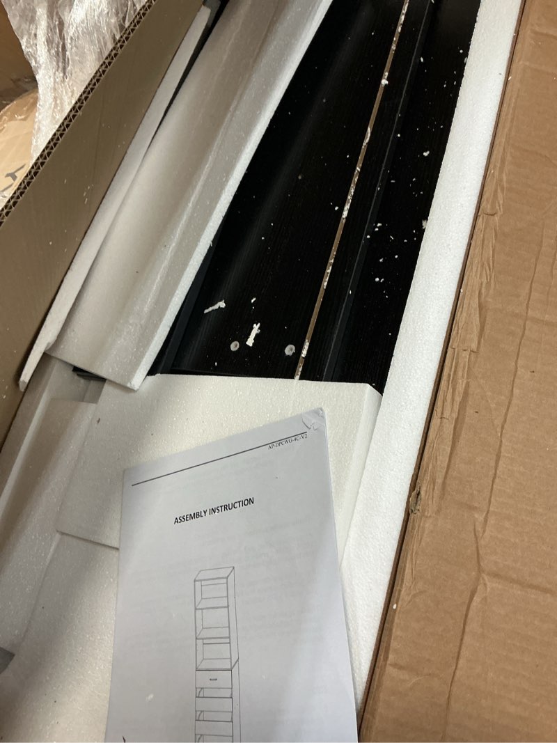 Condition photo showing As Is for black color 21.3'' freestanding closet system with 4 wood drawers and 3 storage shelves