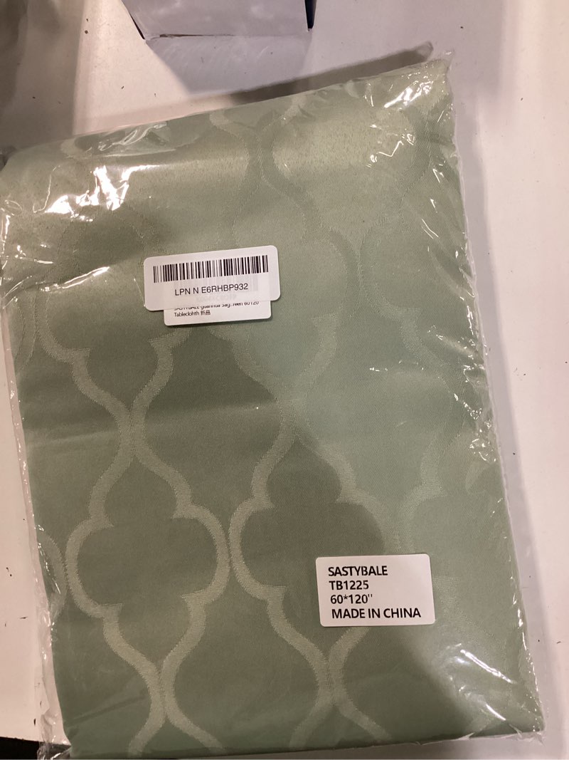 Condition photo showing New/Like New for sastybale sage green gray rectangle jacquard tablecloth 60x120, soft warm water resistant table cover, washable stain resistant for indoor outdoor picnic patio holiday gathering sage grey green 120" x 60" (rectangular)