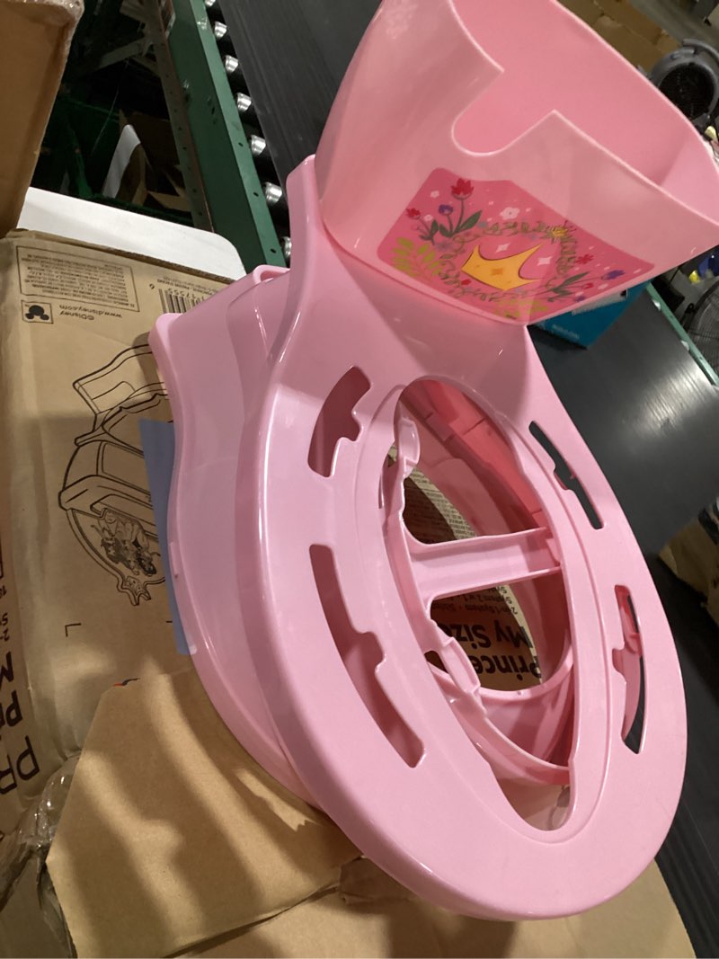 Condition photo showing As Is for bright starts disney junior princess my size potty training toilet, toddler potty chair with flushing & cheering sounds, removable seat with splash guard & handles, ages 18+ months, up to 50 lbs