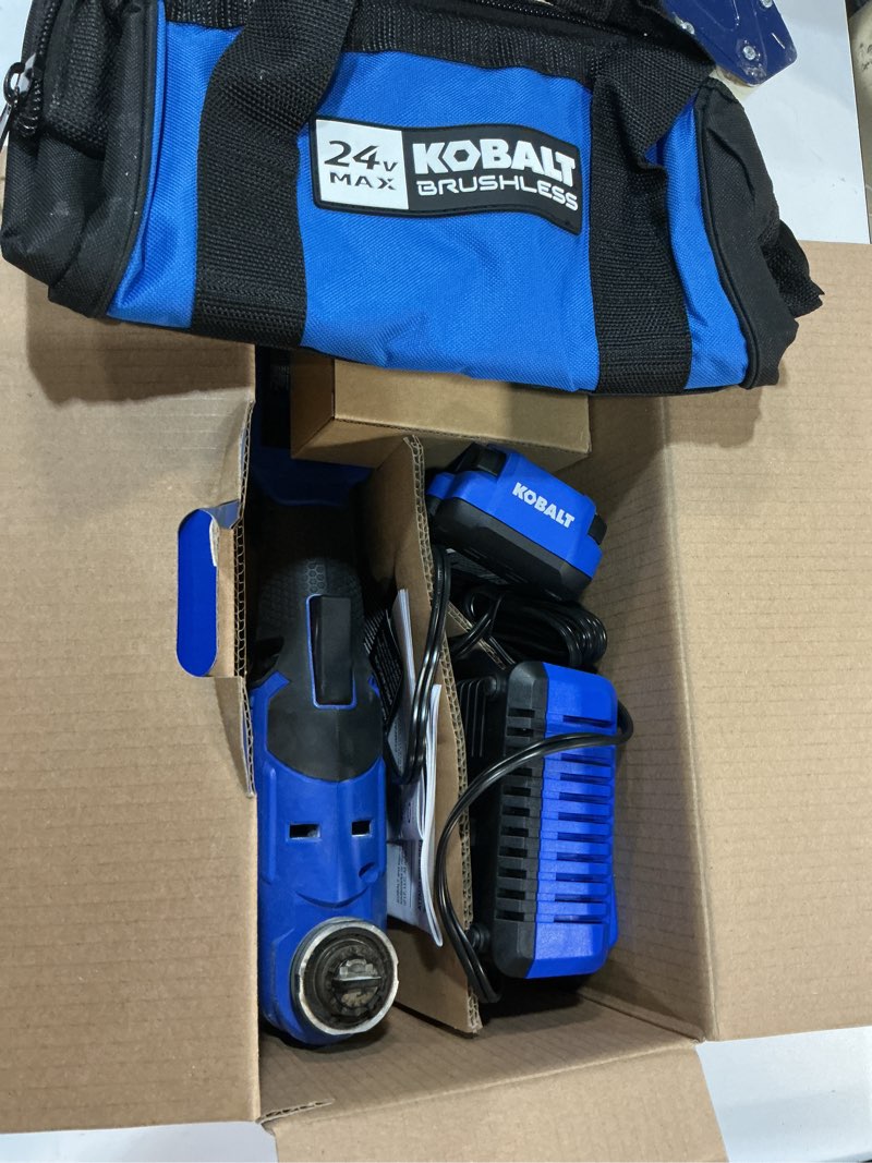 Condition photo showing As Is for kobalt 24-volt cordless brushless variable 17-piece oscillating multi-tool kit with soft case (1-battery included)