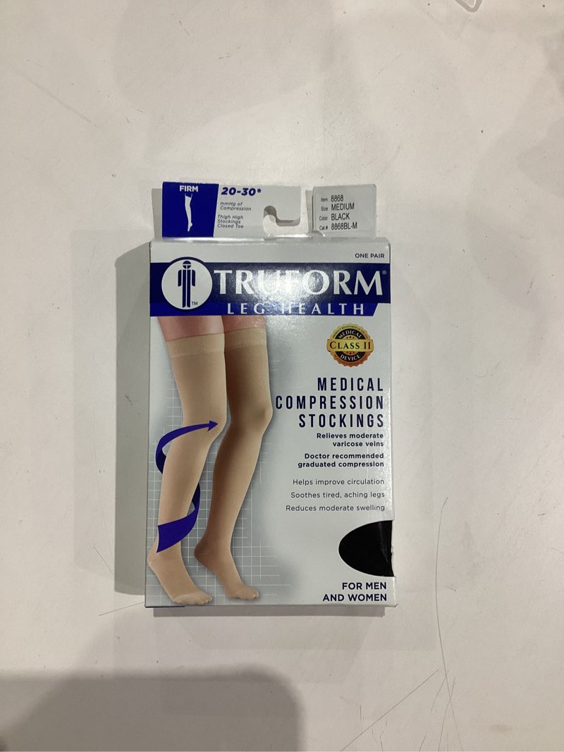 Condition photo showing As Is for Truform 20-30 mmHg Compression Stockings for Men and Women, Thigh High Length, Dot Top, Closed Toe, Black, Medium Medium (1 Pair) Black