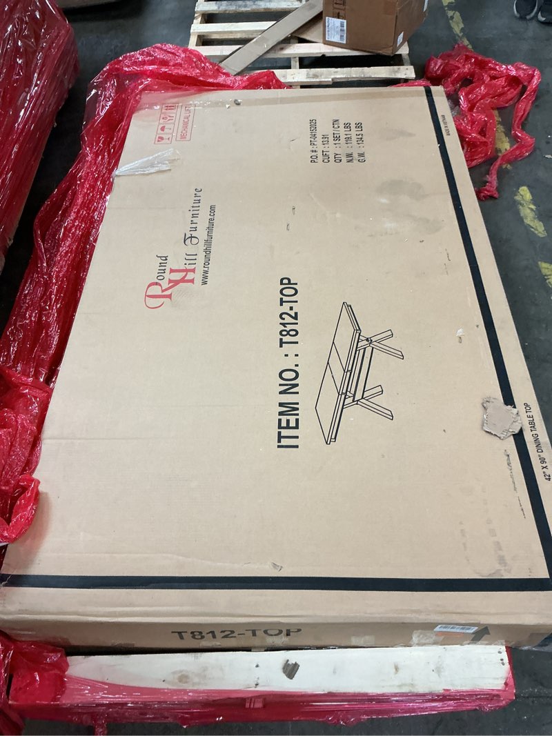 Condition photo showing Good Condition for Roundhill Furniture Raven Wood Trestle Extendable Dining Table with Leaf, Glazed pine brown