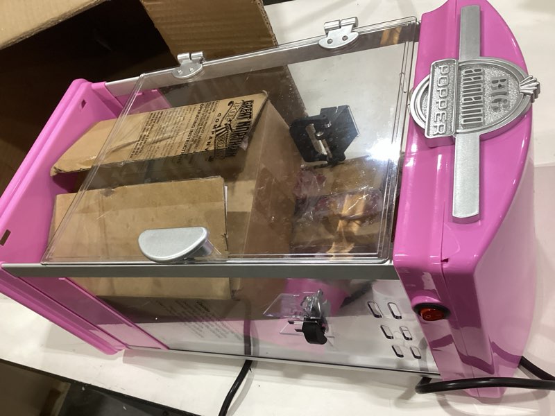 Condition photo showing As Is for big bambino popcorn machine - old-fashioned popcorn maker with 4-oz kettle, measuring cups, scoop, and serving cups by great northern popcorn (pink)