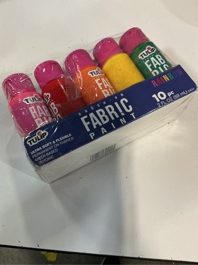 Condition photo showing New/Like New for tulip brush-on fabric paint 10 pack of 2 fl oz bottles, rainbow
