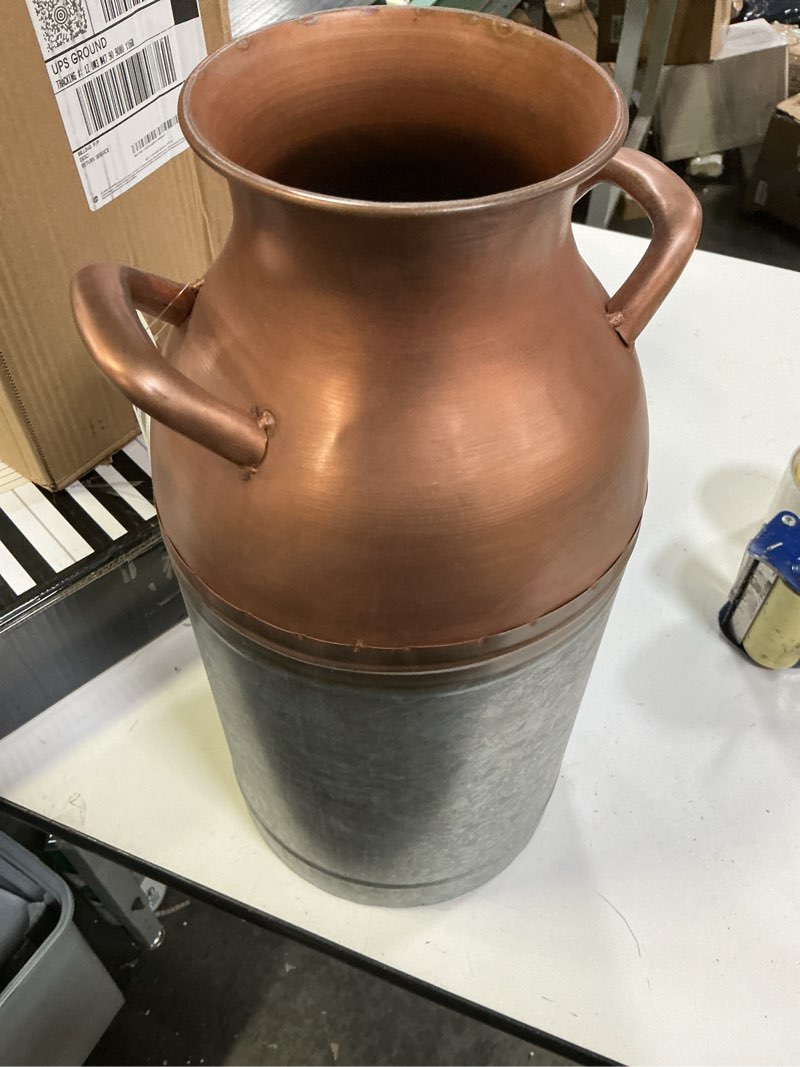 Condition photo showing New/Like New for Red Co. 16” Tall Large Decorative Galvanized Metal & Copper Jug Vase with Handles, Distressed Grey/Rose Gold