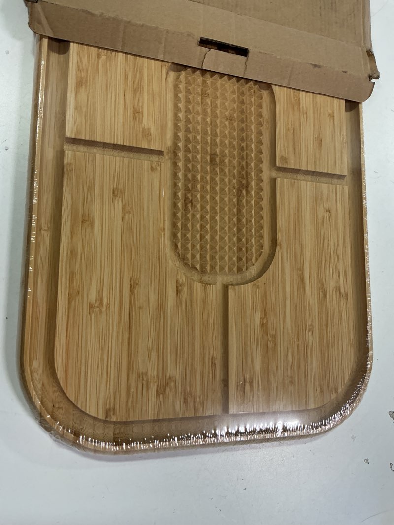 Condition photo showing New/Like New for Turkey Platter for Thanksgiving - 18x12 Reversible Bamboo Carving Cutting Board for BBQ or Grilling - Heavy Duty Butcher Block with Deep Juice Groove, Spikes, Grid Grip - Large Kitchen Christmas Gift