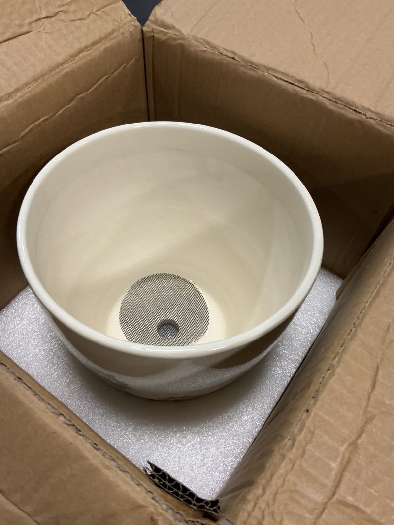 Condition photo showing As Is for 8.2 Inch Plant Pot - Ceramic Planter for Indoor Outdoor Flowers, Boho Round Decorative Indoor Flower Pot with Drainage Hole and Saucer, Gifts for Plant Lovers, Office Garden House Decor, White 8 Inch Flowers White