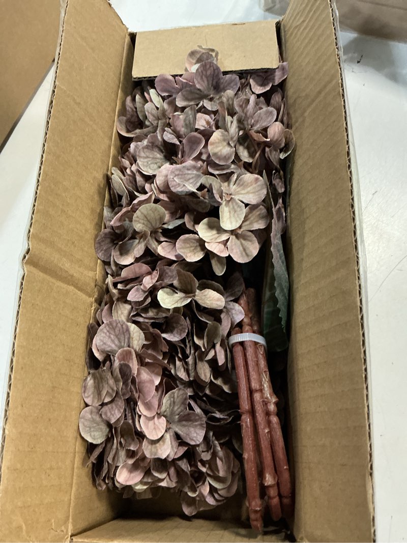 Condition photo showing Good Condition for Artificial Flower Fake Silk Hydrangea Heads Bouquet with Stems Bulk for Fall Decoration Table Center Christmas Indoor Outdoor Faux Floral Realistic with Leaves Plants Crafts 8PCS(Brown)