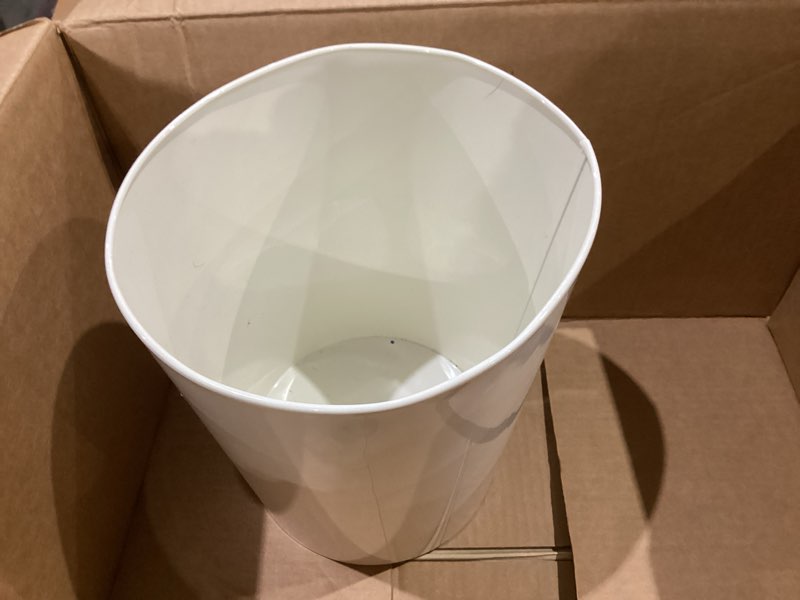 Condition photo showing As Is for mdesign round metal small 1.7 gallon recycle trash can wastebasket, garbage container bin for bathrooms, kitchen, bedroom, home office - durable stainless steel - mirri collection - cream/beige