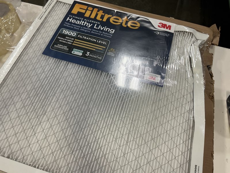 Condition photo showing As Is for filtrete 24x24x1 ac furnace air filter, merv 13, mpr 1900, premium allergen, bacteria & virus filter, 3-month pleated 1-inch electrostatic air cleaning filter, 2-pack (actual size 23.81x23.81x0.78 in)