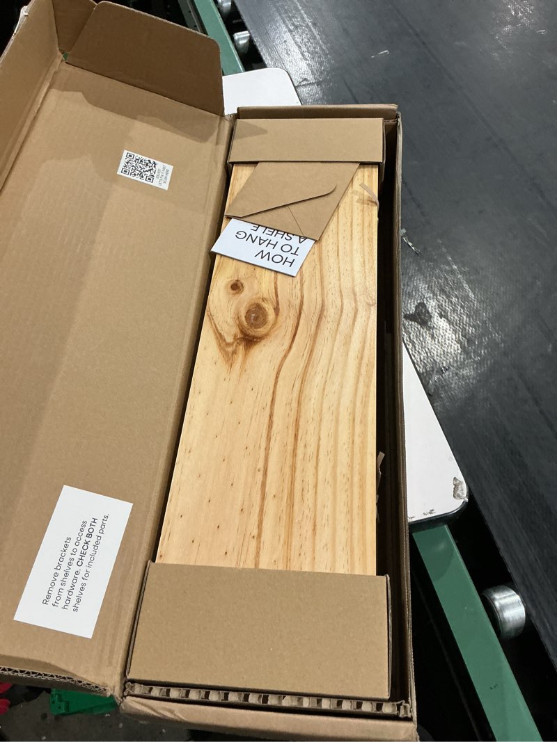 Condition photo showing New/Like New for homeforia 24 inch natural floating shelf, high end solid real wood 24inch small floating shelves for wall mounted, natural wooden floating shelves, heavy duty bracket, 24 x 6.5 x 1.75 in, set of 2 natural pine - satin clear coat finish pack of 2 24 inch