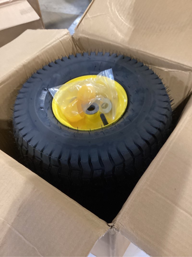 Condition photo showing Good Condition for ar-pro exact replacement 15" x 6.00-6" front tire and wheel assemblies compatible with john deere riding mowers 100 and d100 series - 3" centered hub and 3/4" bushings, 4ply pneumatic (set of 2) 15 x 6.00-6" pneumatic (centered hub) yellow