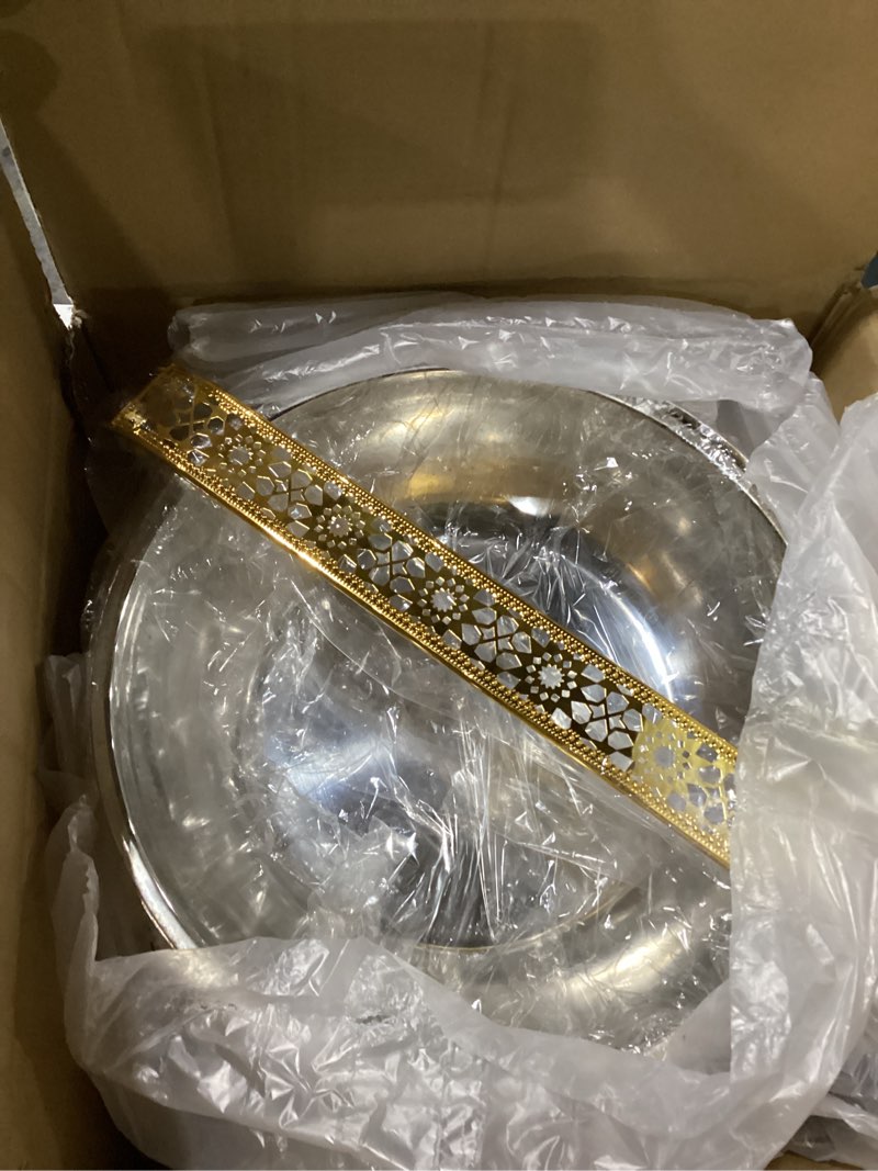 Condition photo showing New/Like New for 8qt silver party wedding table setting food warmer golden fancy elegant cheffing dishes with hanging lid gold chaffing dishes (silver, 8l) silver 8l
