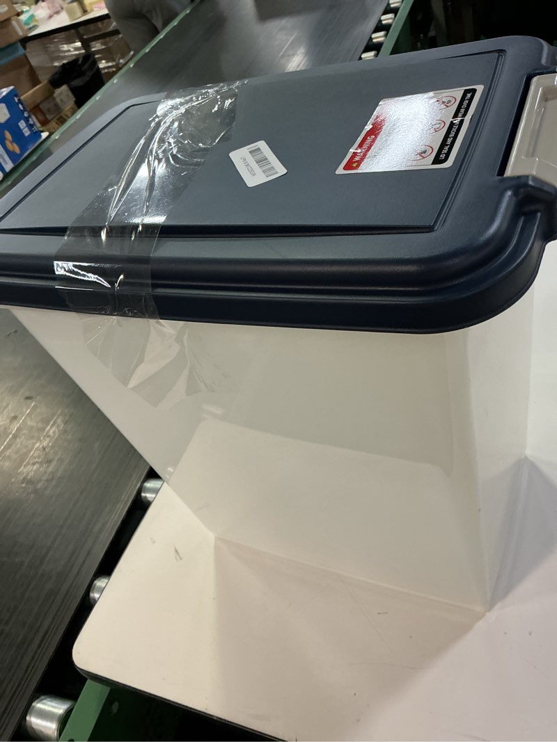 Condition photo showing As Is for iris usa airtight dog food storage container, up to 30 lbs, attachable wheels, for dog cat bird and other pet food storage bin, keep fresh, easy mobility, bpa free, navy/pearl 30 lbs navy/pearl