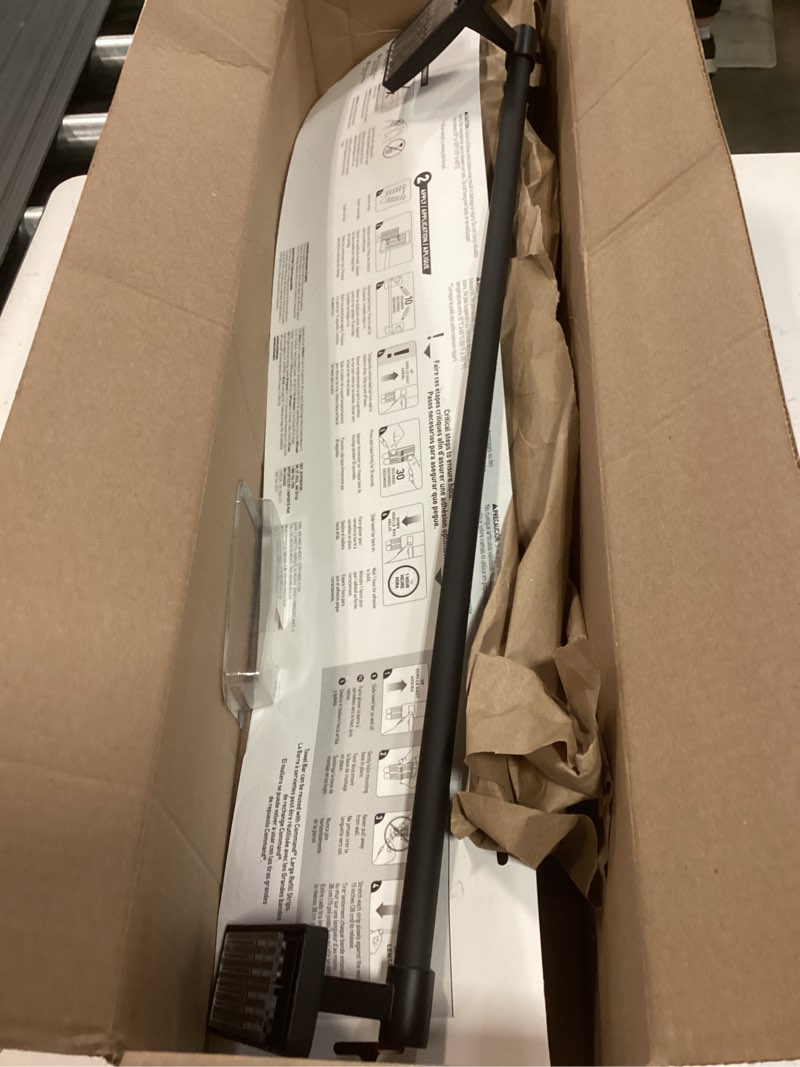 Condition photo showing As Is for command bath matte black towel bar with water resistant command strips, bathroom organizer, 24 in bar length holds up to 10 lbs