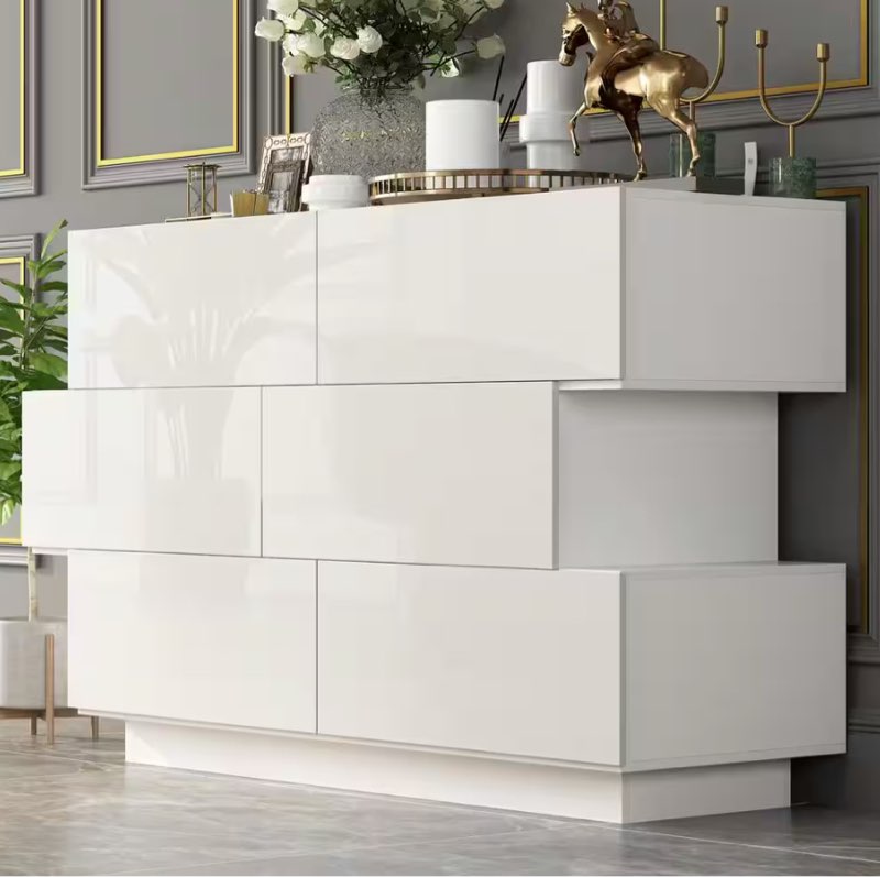 Questions and Answers for FUFU&GAGA 15.7 in. D x 30.7 in. H High Gloss White Wood 6-Drawer 46.1 in. W Chest of Drawers Storage Cabinet Modern Style