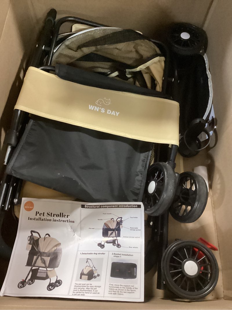 Condition photo showing As Is for 3 in 1 Pet Dog Stroller for Small Medium Dogs 10-50 lbs, Foldable Cat-Strollers for 2-Cats with Removable Carrier, Pet-Strollers for Cats with Storage Bag, Small Puppy-Stroller, Dog-Cart (Brown)