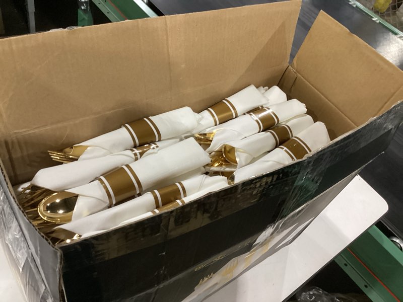 Condition photo showing New/Like New for supernal 240 pcs pre rolled napkins with gold plastic silverware - 60 sets elegant disposable wrapped cutlery: heavy duty gold forks, knives, spoons for weddings, parties, & catering events 240pcs gold