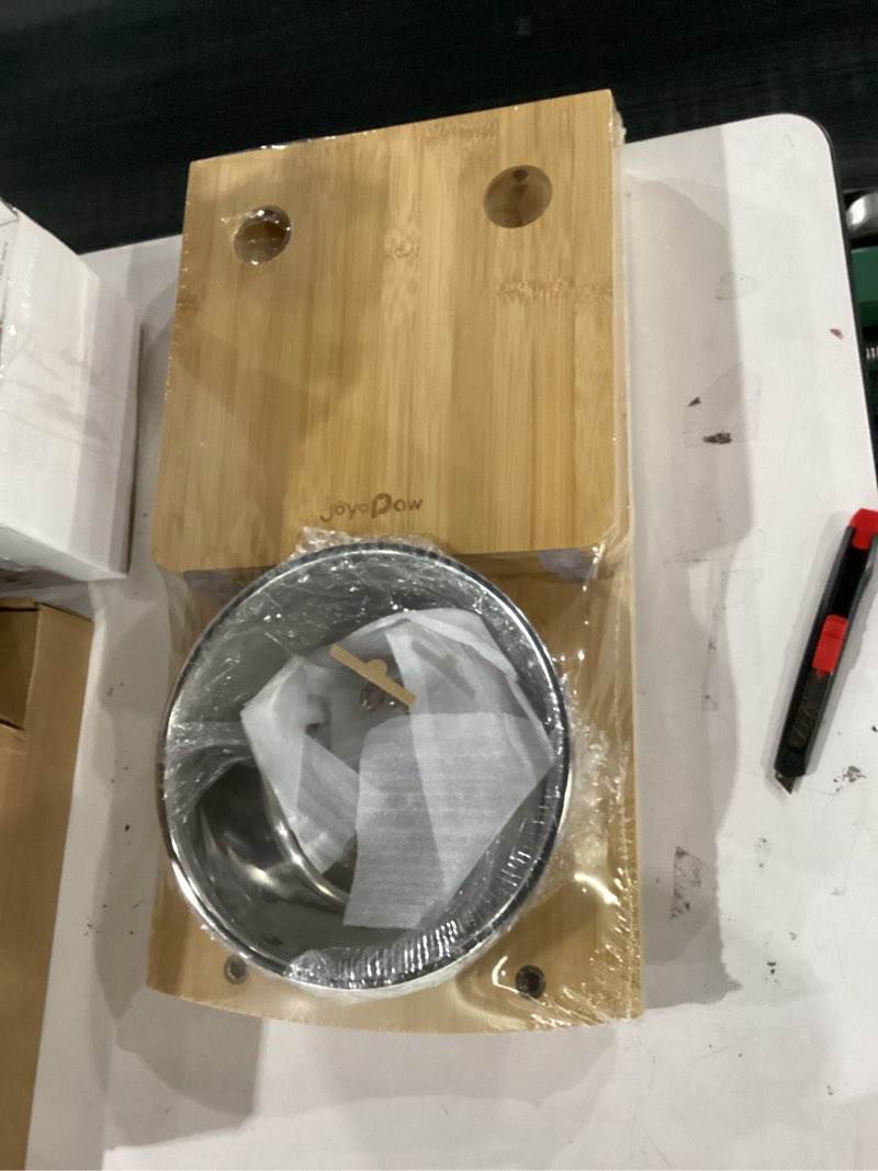 Condition photo showing New/Like New for Elevated Dog Bowls, Bamboo Raised Dog Bowl for Large Dogs & Medium Dogs, with 2 Stainless Steel Bowls (10'' Tall–48 oz Bowl) Large: 10'' Thickened - 48oz Bowl Natural