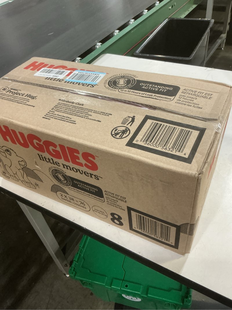 Condition photo showing New/Like New for huggies size 8 diapers, little movers baby diapers, size 8 (46+ lbs), 76 count (2 packs of 38), packaging may vary