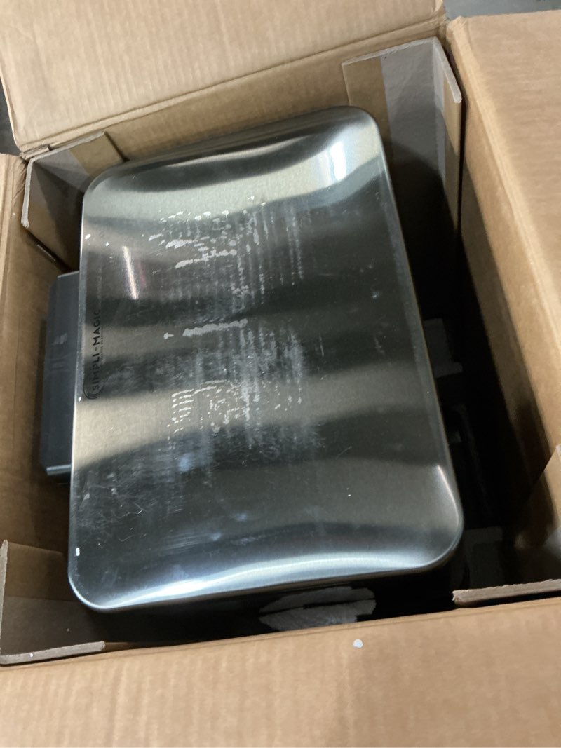 Condition photo showing As Is for simpli-magic 13.2 gallon (50l) step trash can – kitchen garbage can with slow-close lid – odor control, hands-free, easy to clean, brushed stainless steel black gun metal large