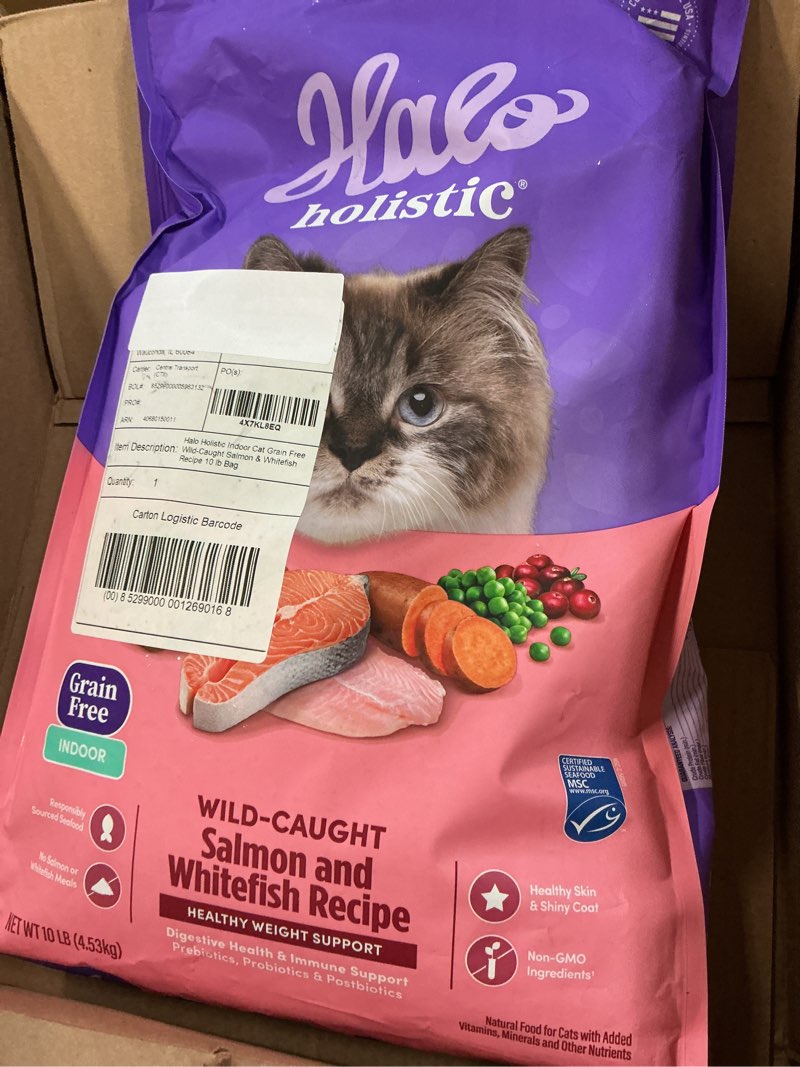 Condition photo showing New/Like New for (bb08 08 2027) halo holistic cat food wild caught salmon & whitefish formula, grain free dry cat food, for healthy weight support, kibble for indoor cats, 10 lb bag wild salmon & whitefish 10 pound (pack of 1)
