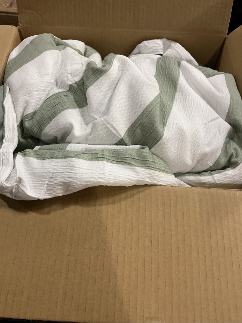 Condition photo showing Good Condition for Madison Park Essentials Striped Comforter Set Queen Size, Yarn-Dyed Reversible Comforter with Minimalist Stripes, Crinkled Texture Bedding Set for All-Season Lightweight Warmth, Merritt Sage Green Full/Queen Sage Green