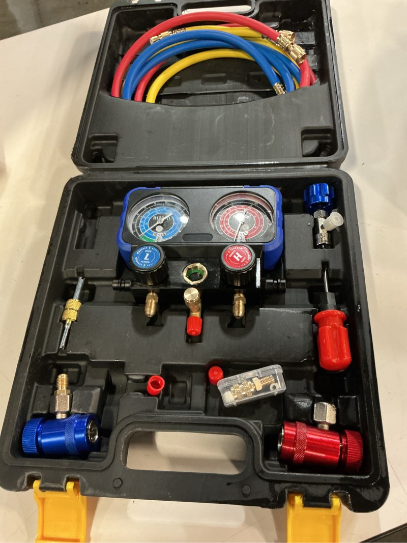 Condition photo showing New/Like New for calpose r1234yf ac gauge, 3 way ac manifold gauge set for r1234yf refrigerant, refrigerant gauges with 5ft hoses?r410a adapter, puncturing can tap, anti-collision dials provide more accurate reading black