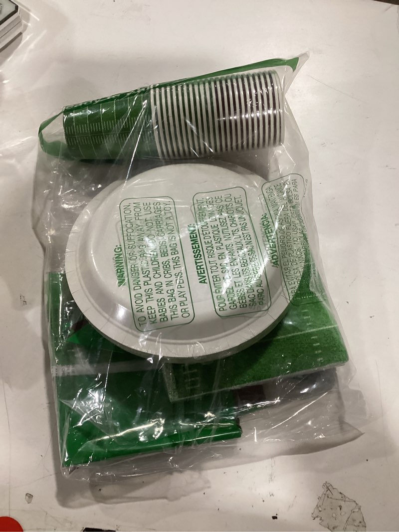 Condition photo showing Good Condition for Gatherfun Football Party Supplies Kit Serve 24,Includes Dinner Plates, Dessert Napkins, Cups,Banner 