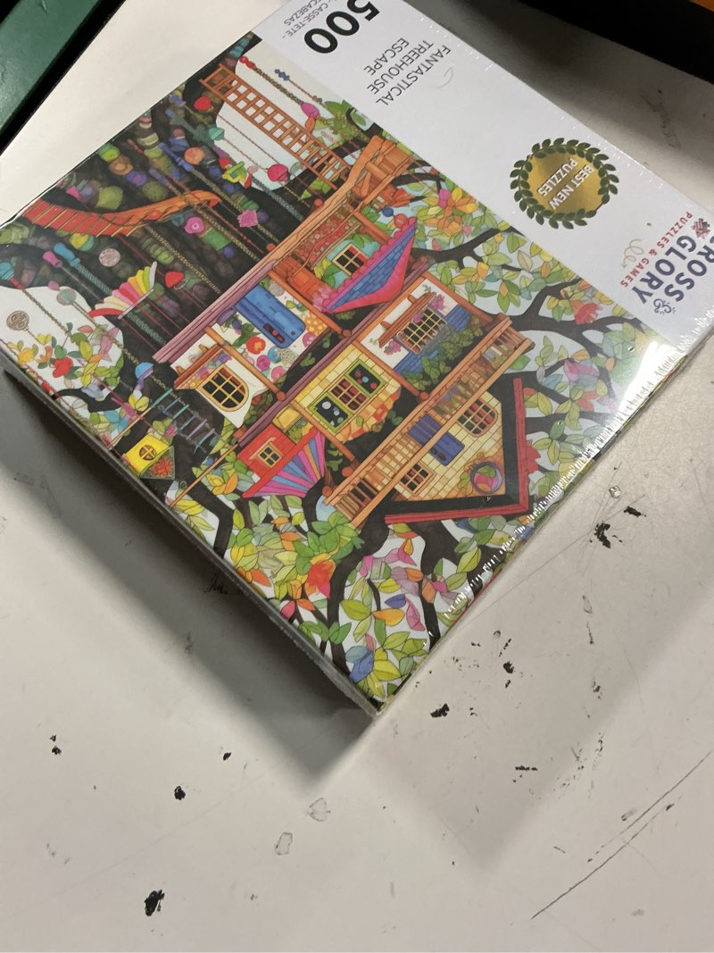 Condition photo showing New/Like New for cross and glory - fantastical treehouse escape - 500 piece jigsaw puzzle for adults – whimsical treehouse art, satin finish, bonus puzzle guide multi – treehouse escape