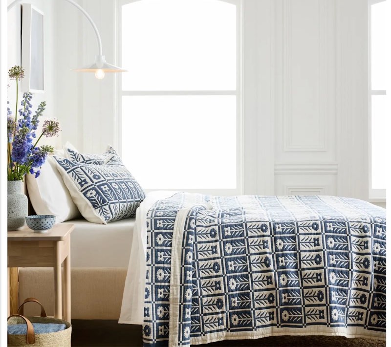 Quince Organic Cotton Jacquard Floral Coverlet, King/Cal King, Glacier Blue
