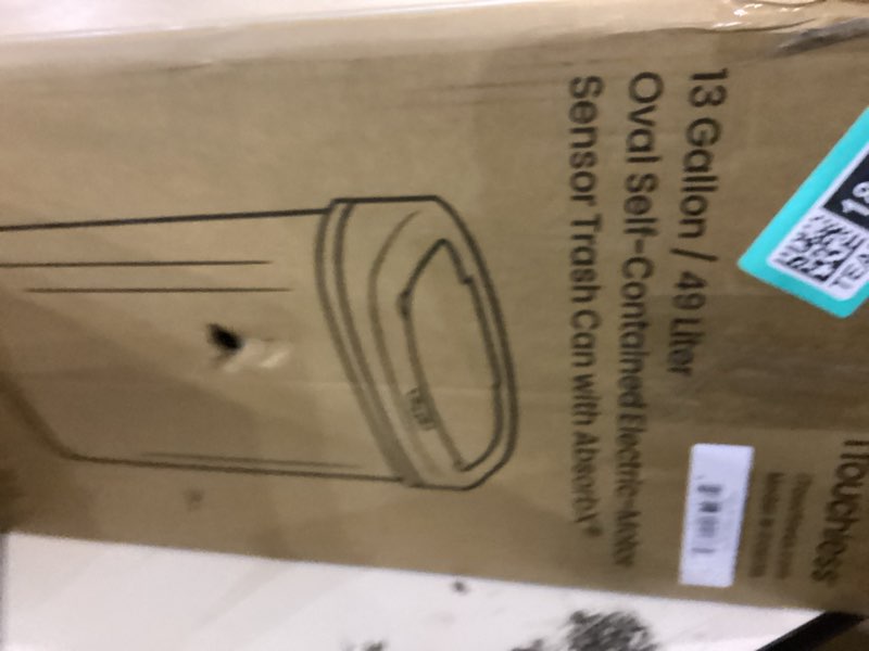 Condition photo showing New/Like New for iTouchless SensorCan 50 Liter / 13 Gallon Kitchen Trash Can with Lid & Odor Filter – Motion Sensor Stainless Steel Garbage Bin for Home, Office, or Garage – Slim Oval Shape, Large Capacity Design Light Silver, Black