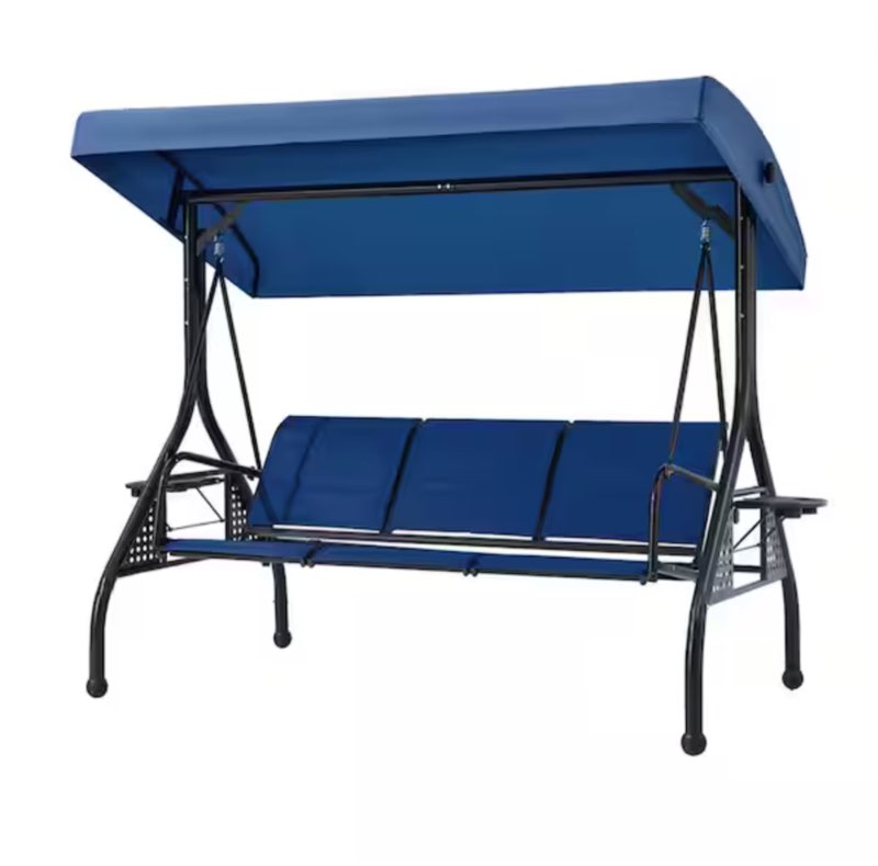 3-Person Blue Metal Patio Swing with Textilene Backrest and Adjustable Canopy