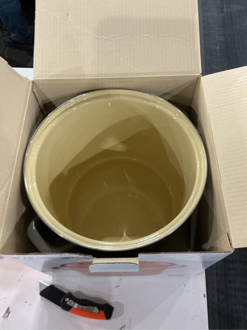 Condition photo showing As Is for Le Creuset Enamel on Steel Traditional Stockpot, 12 qt., Oyster with Stainless Steel Knob Oyster 12 Quarts