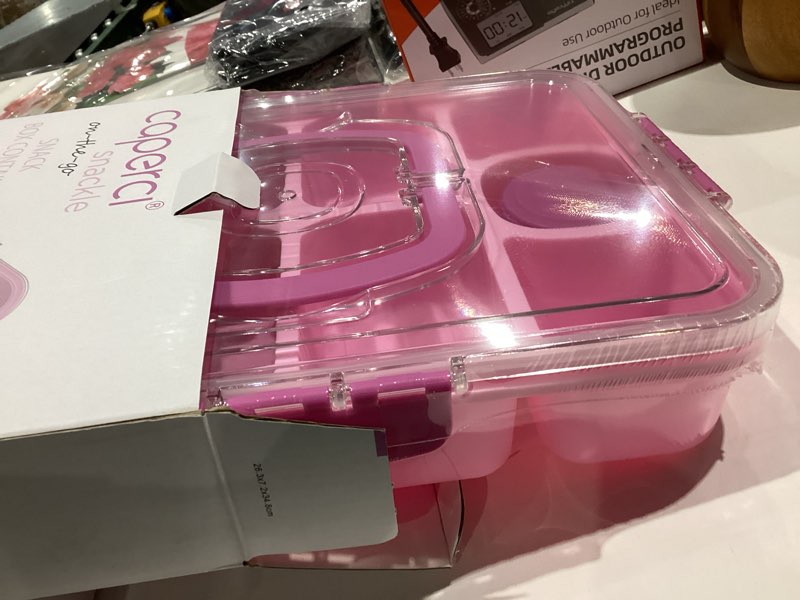 Condition photo showing New/Like New for Caperci Original Snackle Box Container - 10-Compartment Divided Snack Serving Tray with Lid & Handle, 2 Dressing Containers, Leak-Proof, Dishwasher Safe, BPA-Free (Rose Pink)